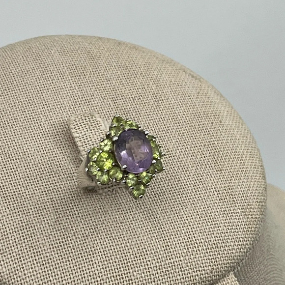 Vintage SETA Sterling Silver Amethyst & Peridot Cluster Ring Size 5 - Picture 3 of 16